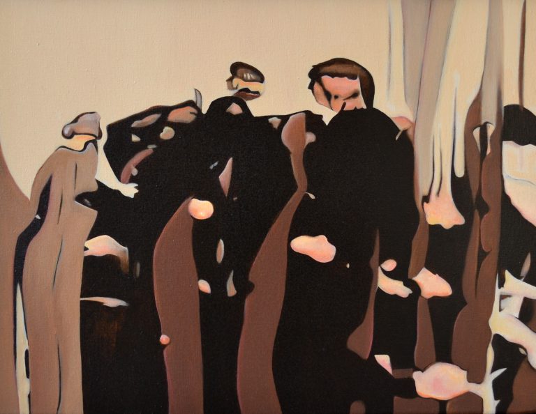 Probably a group of men standing around a microphone_30 x 40 cm_oilpaint on canvas_DEEP KIN_Daniela Schwabe_2022 copy