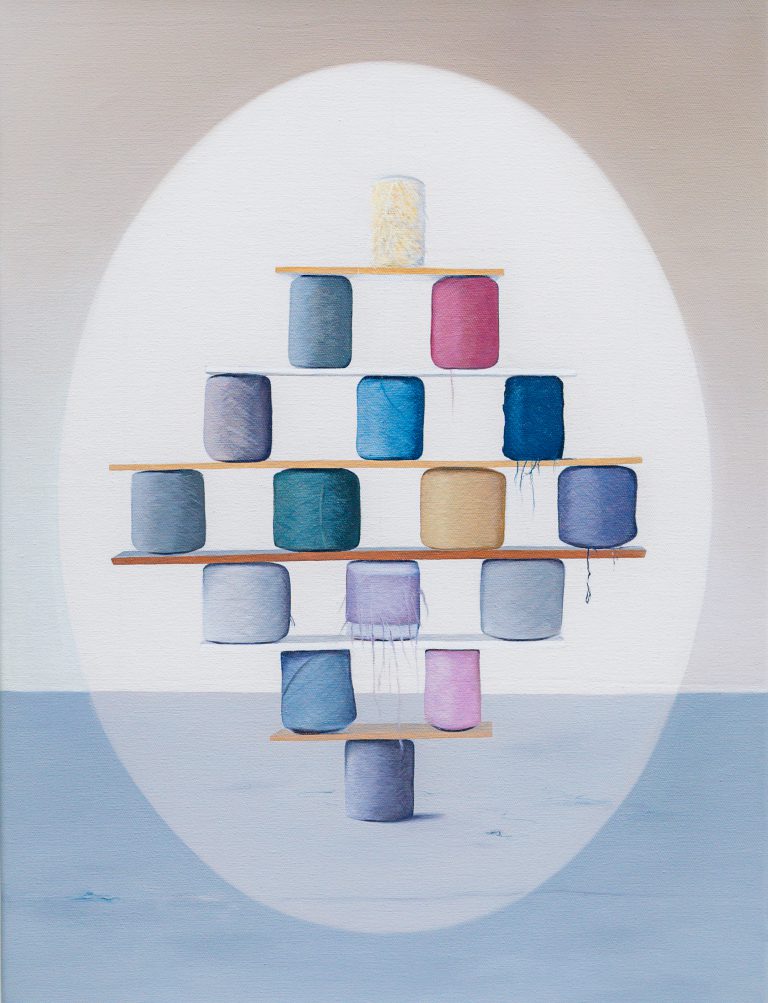 DIAMOND SHAPED TEXTILE TOWER 2023, 80 x 60 cm, oilpaint on canvas